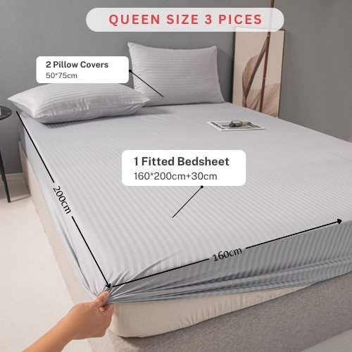 Variance Size 3 Piece Set, Bedsheet with 2 Pillow Cases, Light Gray Color, Striped Design - BusDeals