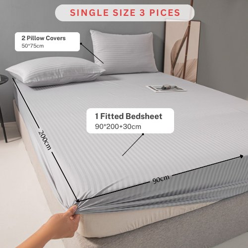 Variance Size 3 Piece Set, Bedsheet with 2 Pillow Cases, Light Gray Color, Striped Design - BusDeals