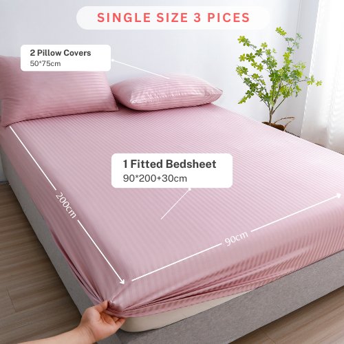 Variance Size 3 Piece Set, Bedsheet with 2 Pillow Cases, Light Old Rose Color, Striped Design - BusDeals