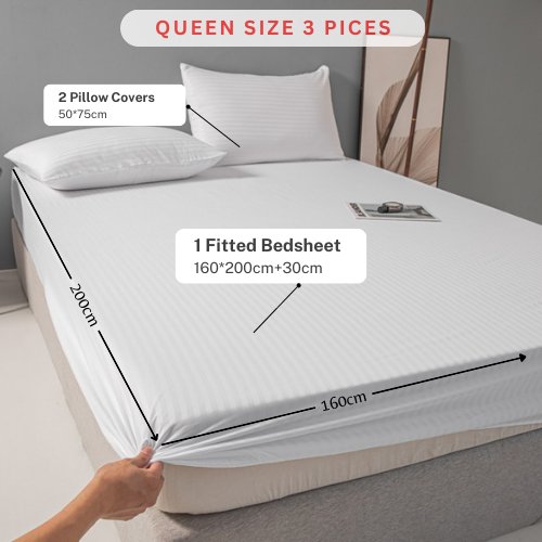 Variance Size 3 Piece Set, Bedsheet with 2 Pillow Cases, White Color, Striped Design - BusDeals