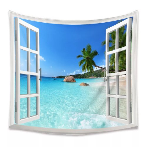 Wall Hanging Tapestry Home Decor , Beach View Outside the Window Design - BusDeals