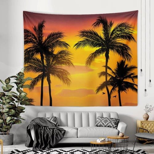 Wall hanging tapestry home decor , Palm tree and orange sky design - BusDeals