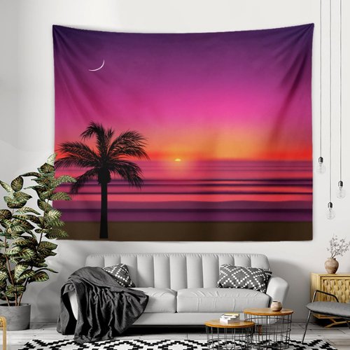 Wall hanging tapestry home decor , Palm tree and purple sky design - BusDeals