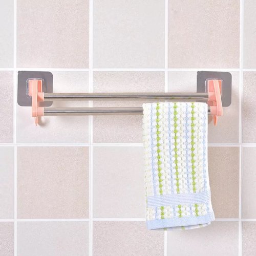 Wall Kitchen & Bathroom Adhesive Towel Holder, Pink Color - BusDeals