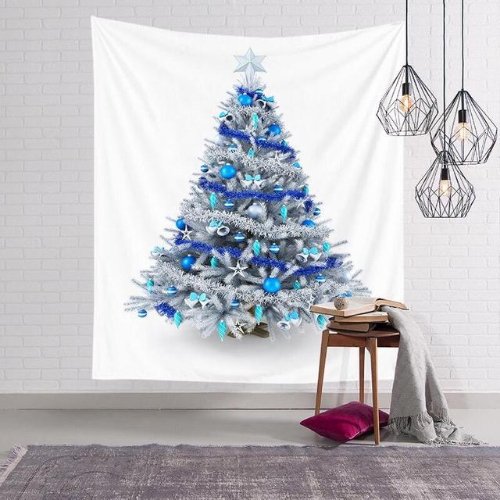 Wall Tapestry Home Decor, White & Blue Christmas Tree Design. - BusDeals