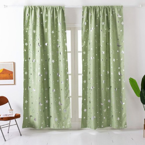 Window Curtains Green Color, Stars & Moon Foil Design. - BusDeals