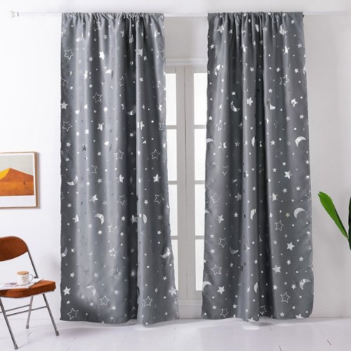 Window Curtains Grey Color, Stars & Moon Foil Design. - BusDeals