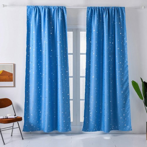 Window Curtains Light Blue Color, Stars Foil Design. - BusDeals