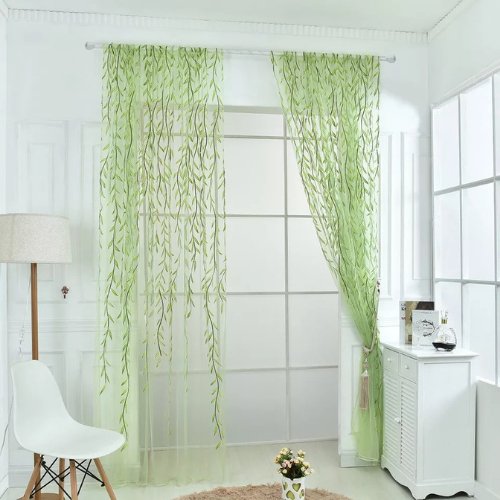 Window sheer, Willow Leaves Design, Green color set of 2 pieces. - BusDeals