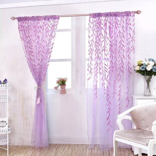 Window sheer, Willow Leaves Design, Purple color set of 2 pieces. - BusDeals