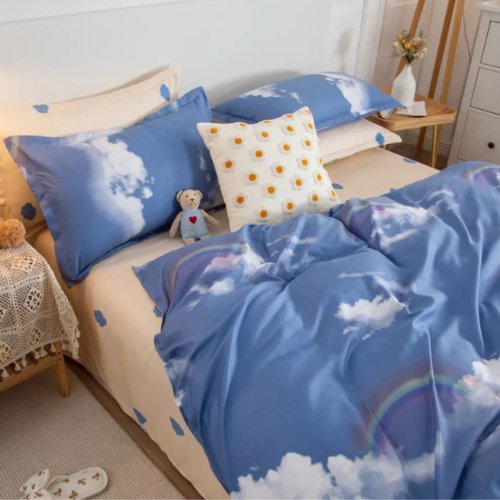 Without filler 4 pieces single size, Rainbow outer space cartoon design skyblue color , Bedding Set - BusDeals